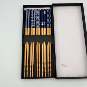 Japanese Chopsticks Set Nanzhi Bamboo Wood‎ Blue Patterned with Case